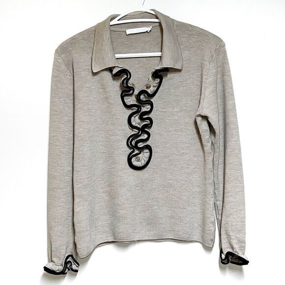 Anne Fontaine Paris Beige Faux leather Wool ruffle Pullover Sweater Sz 42 Sz 10 - Picture 1 of 5
